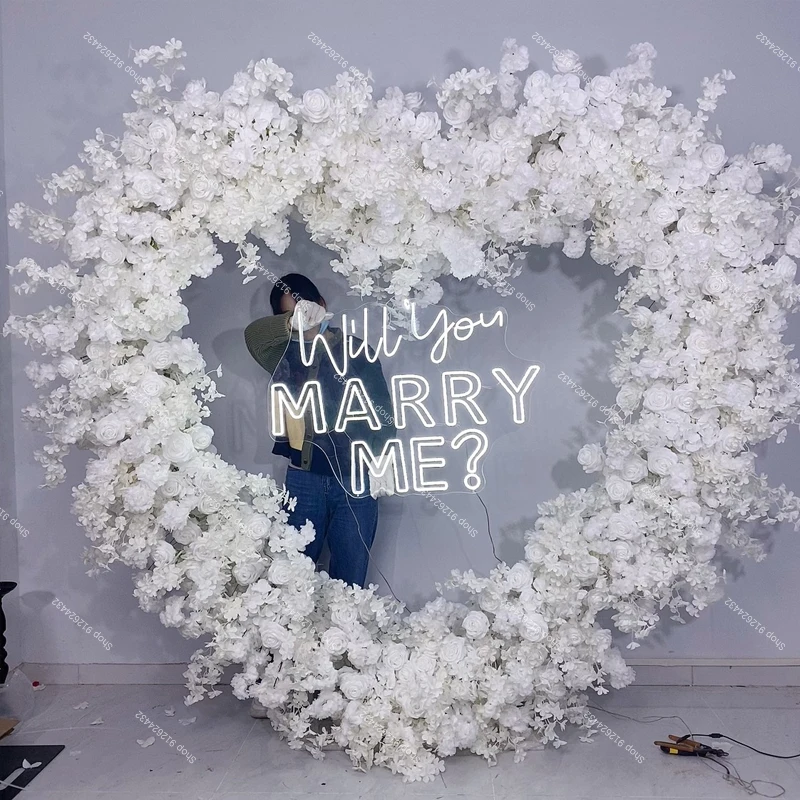 

White Love Heart-Shaped Rose BabysBreath Wedding Backdrop Flowers Arch Frame Decor Floral Row Arrangement Stand Event Props