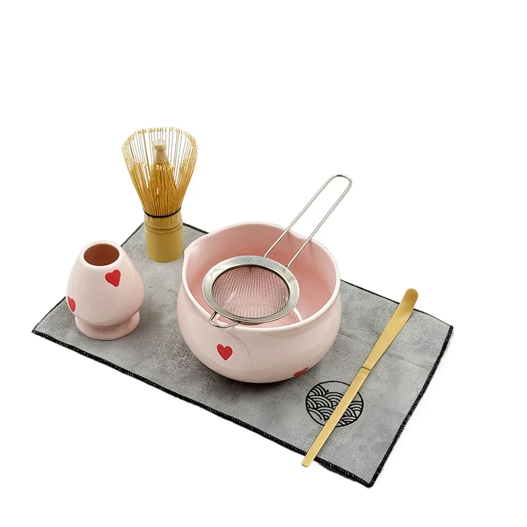 

Pink Heart Decal Ceramic Matcha Set, Cute Matcha Set Includes Matcha Bowl, Matcha Whisk and Holder, Bamboo Scoop, Sifter