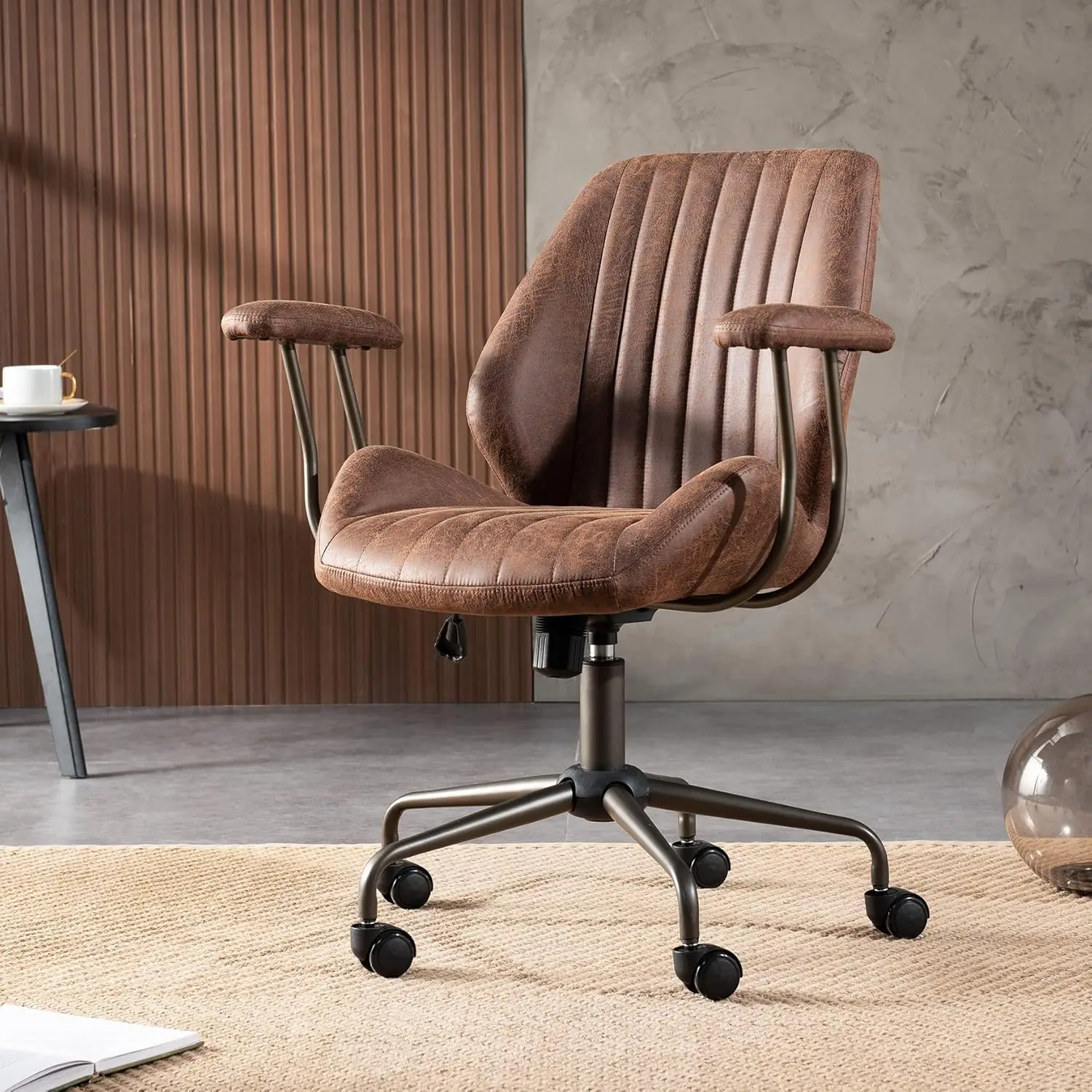 Office Ergonomic Chair, Mid-Century Modern Leather Chair, Swivel Rolling Task Desk Chair with Armrest Wheels, Comfy C