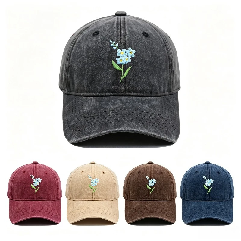 1pc Vintage Washed Baseball Cap Forget Me Not Flower Embroidery Dad Hat Adjustable Unisex Floral Casual Sun Hat for Women Girls