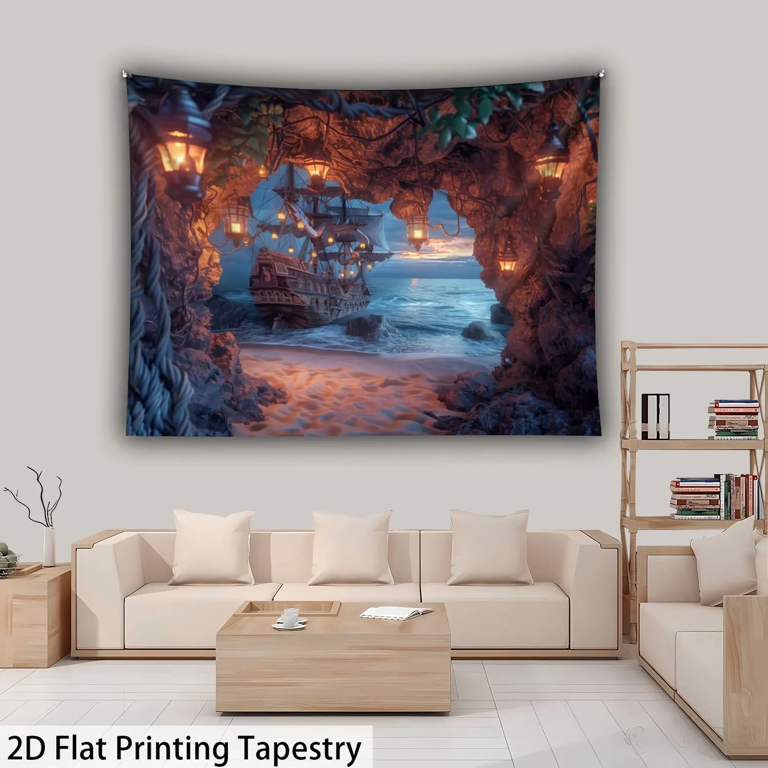 Pirate Ship Cave Tapestry, Fantasy Ocean Wall Hanging, Vintage Lantern Decor, 3D Scenery Background Cloth for Living Room