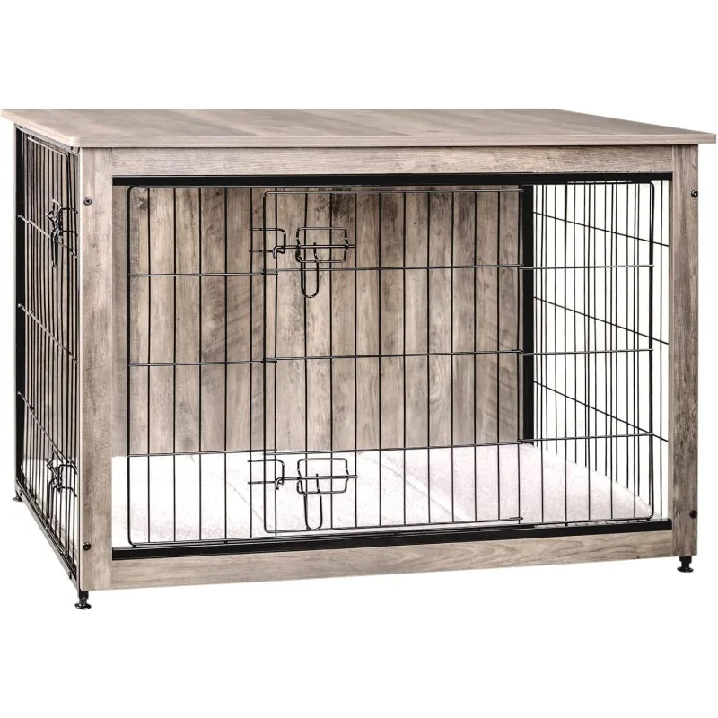 

Dog Crate Furniture with Cushion, Large Wooden Dog Crate with Double Doors, Indoor Dog Kennel, Large, 38.5" L, Greige