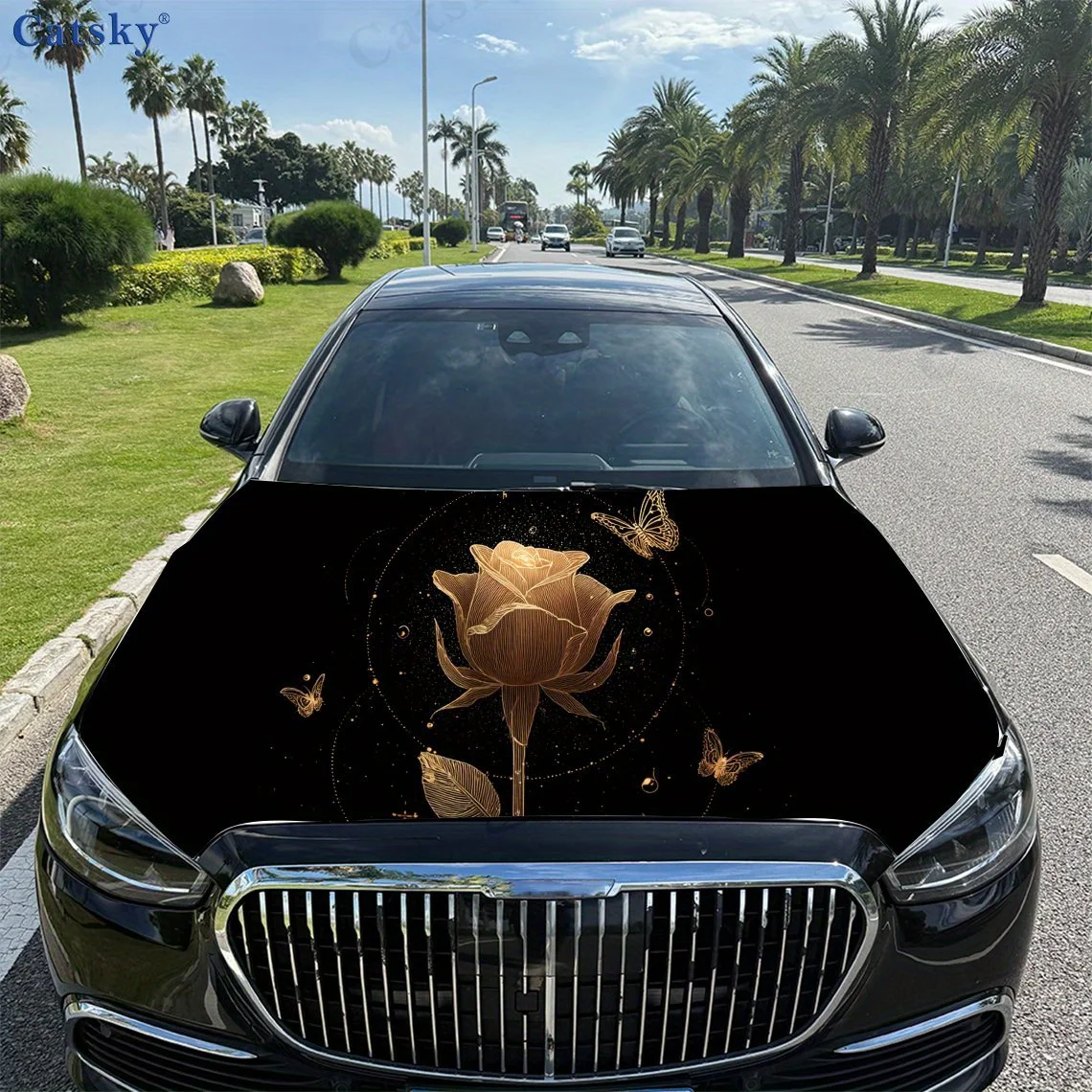 طباعة الورد الذهبي، ملصقات غطاء محرك السيارة، ملصق غطاء السيارة ذاتي اللصق PVC المقاوم للماء، ملصقات حماية تزيين غطاء السيارة، أوتوماتيكي A #3