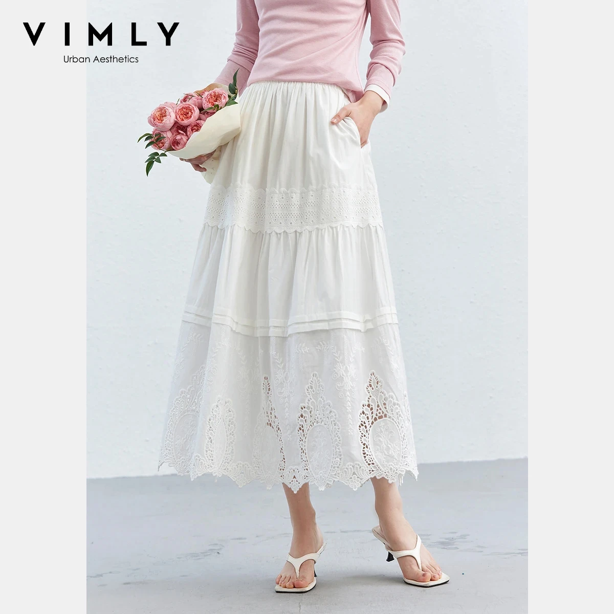 

VIMLY Women's A-Line Midi Skirt 2026 Spring New Elegant Vacation White Lace Trim Tiered Design Sense Casual Umbrella Skirt 30853