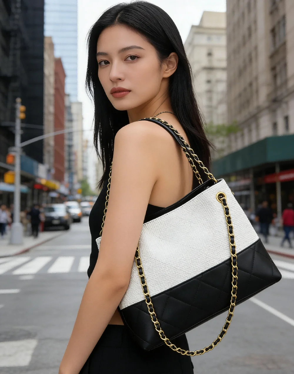 

Women's Black and White Colorblock Shoulder Bag Luxury Chain Tote Bag Large Capacity Daily Bag for Office Work and City Outings