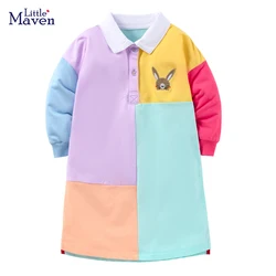 Little maven 2024 Baby Girls Colorful Long Sleeves Polo Dress Autumn Casual Clothes with Lovely Rabbit for Kids 2-8 year