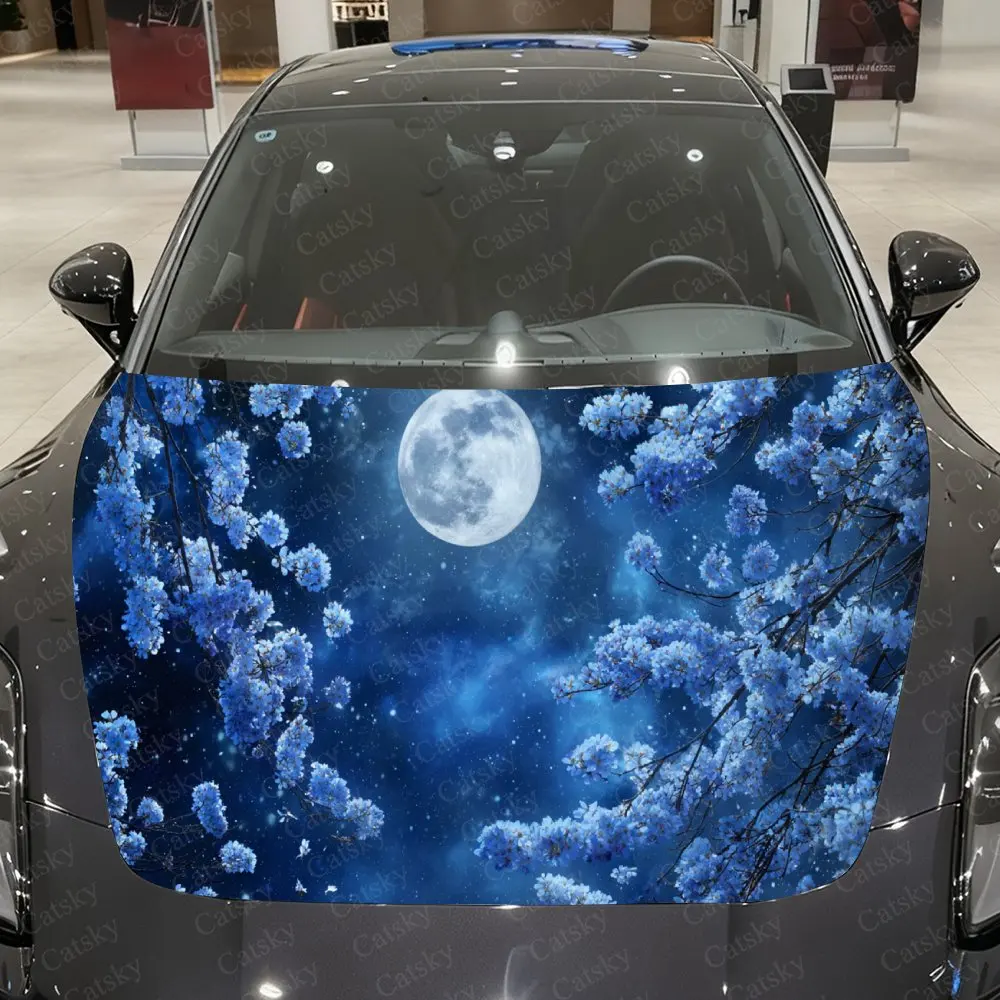 Icy Blue Floral Moonlit Night Car Vinyl Wrap, PVC Waterproof Car Hood Sticker, Self-Adhesive Scratch-Resistant Stickers