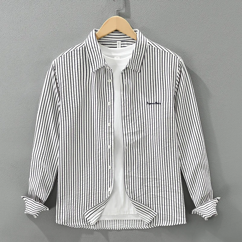 

Japanese embroidered striped long-sleeve shirt for men, fashionable, versatile, literary, casual and loose-fit top