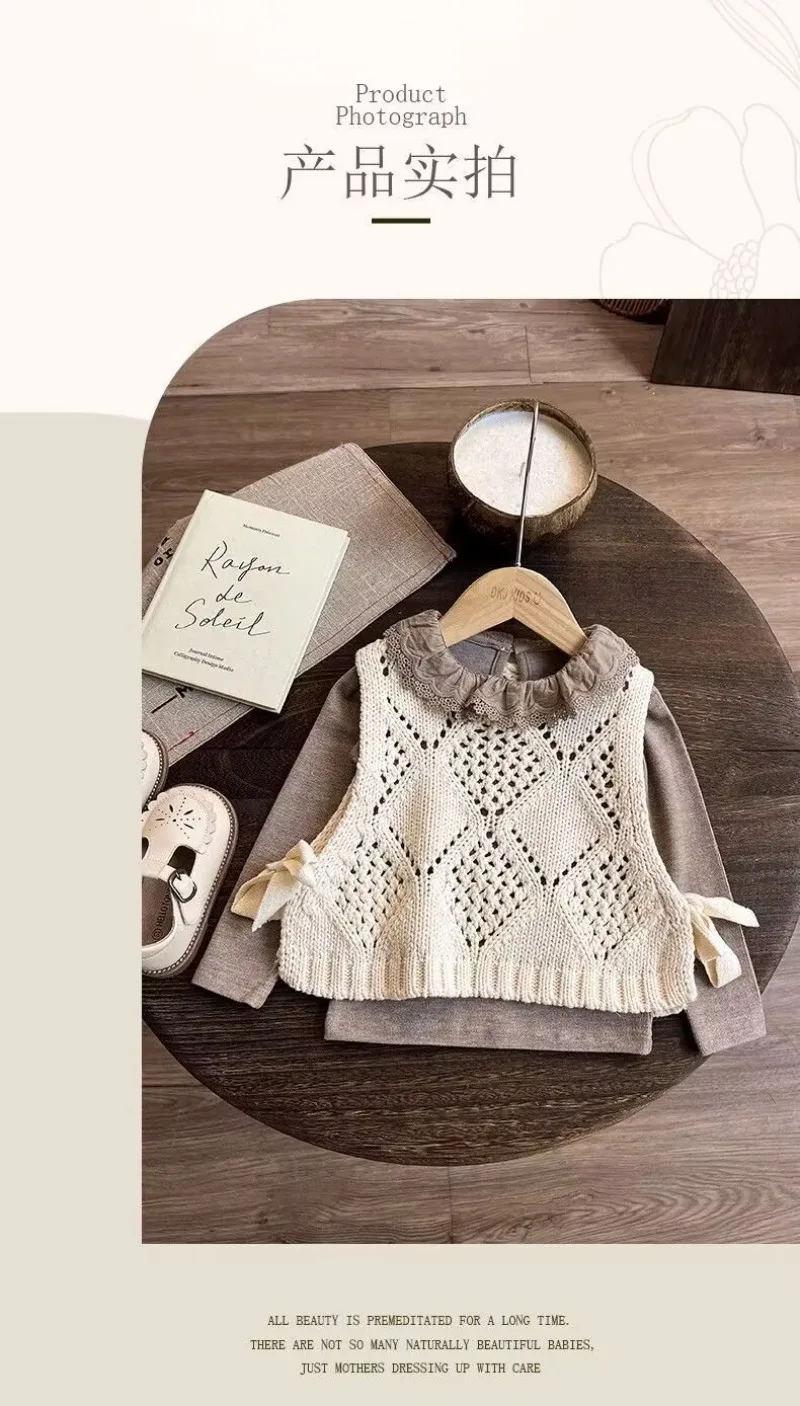 Bellbell Herbst-Strickpullover-Set für Mädchen, 3-teilig, 2-8 Jahre, Unterhemd + Strickweste + Hose, Outfit für Kleinkinder und Babys – Detail 8