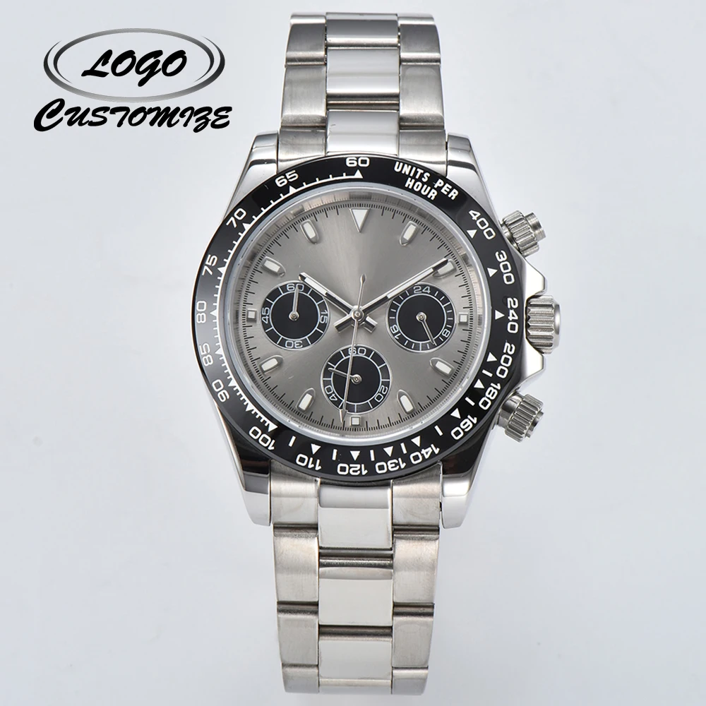 Customizable Logo Men's Panda Three Eyes Quartz Watch VK63 Ceramic Ring Inlaid with Sapphire Glass Stainless Steel Band