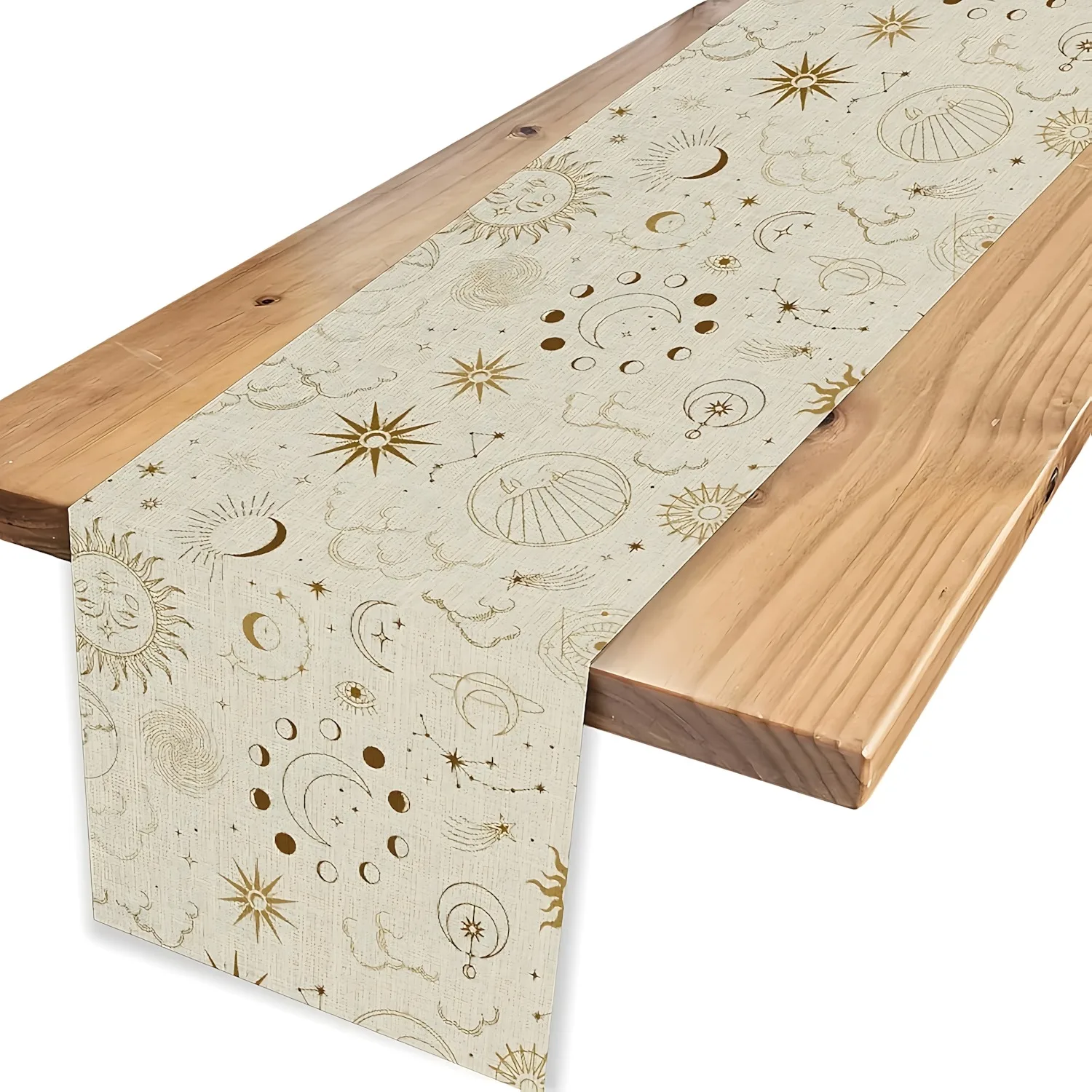 Mystic Celestial Table Runner, Cream Base Golden Line Drawing Sun Moon Stars, Bohemian Table Decor