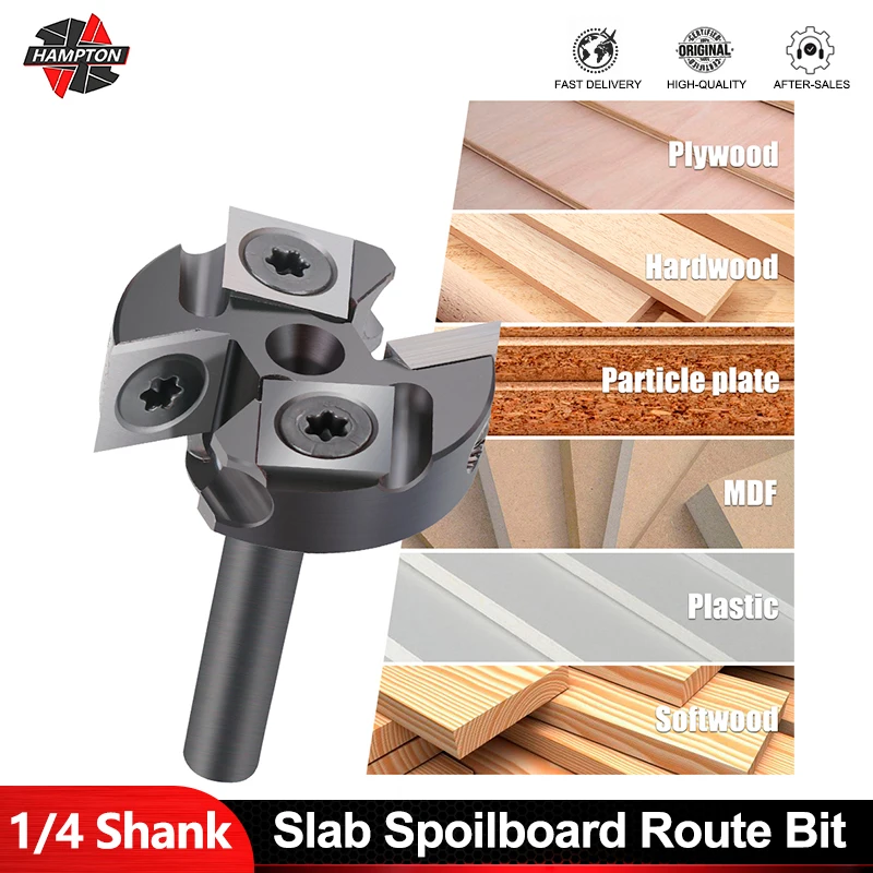 HAMPTON 1/4 Shank 4 Flute Wood Planer Bit CNC Spoilboard Surfacing Route Bit Carbide Insert Slab Face Mill for MDF Plywood