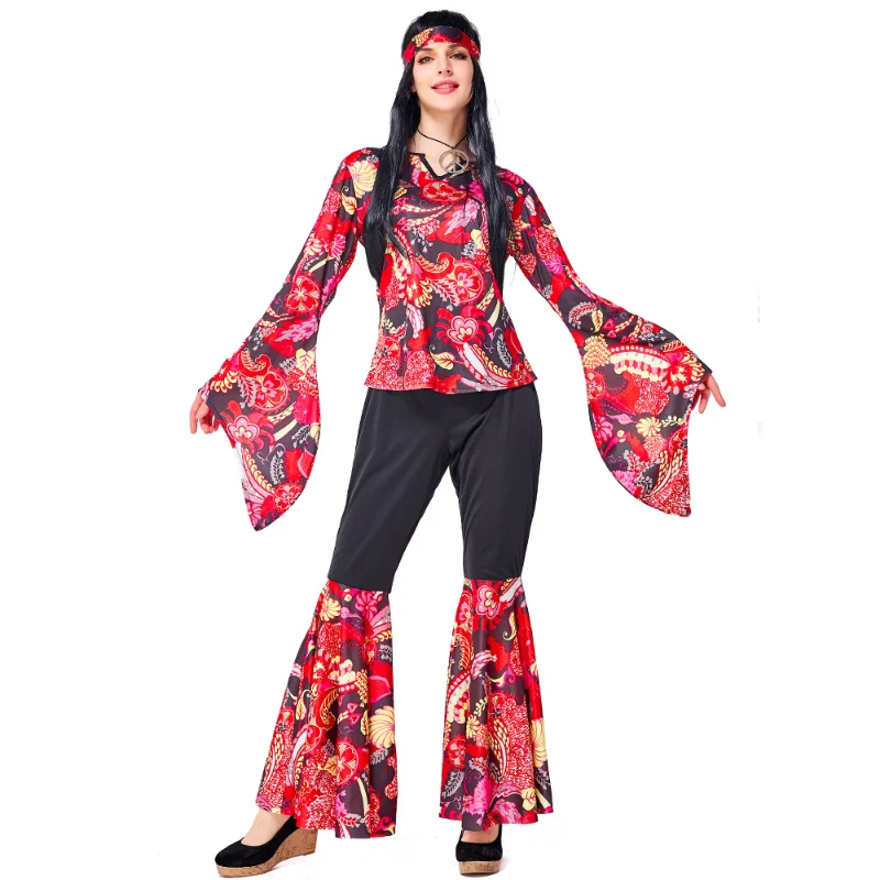 

Retro 60s 70s Disco Willow The Hippie Costume for Adult Women Flared Sleeve Top Bell Bottom Red Floral Black Patchwork