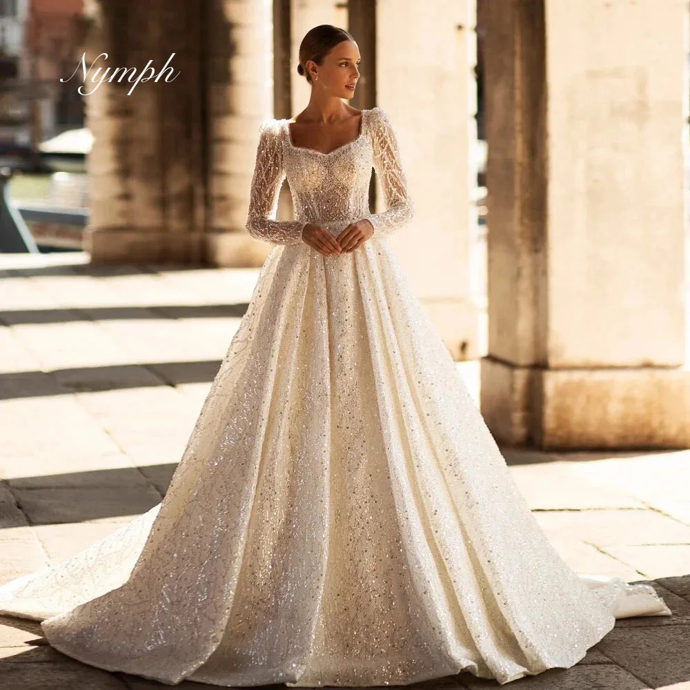 

Elegant A-Line Wedding Dresses Scalloped Long Sleeve Vestido De Novia Lace Sequined Customized Bridal Gown Robe de Mariée