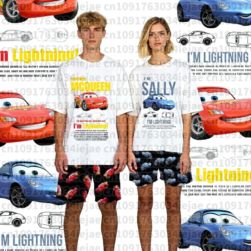 

2025 Disney The Cars Lightning McQueen&SALLY Summer T-Shirt with Pajama Shorts Oversized Suit for Adult/Kids Couple Outfit Suit