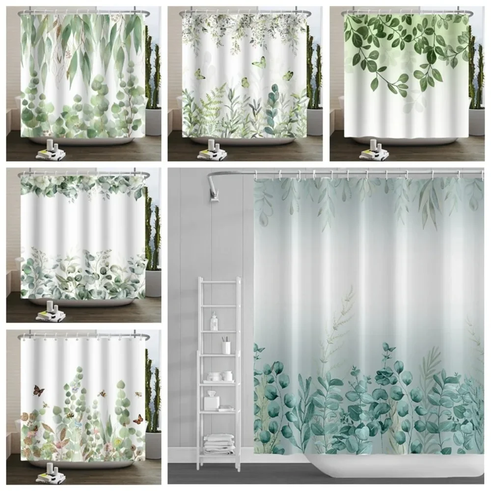 

Green Eucalyptus Leaves Shower Curtains Watercolor Floral Waterproof Morden Bathroom Bathtub Curtain Room Decor with Hooks