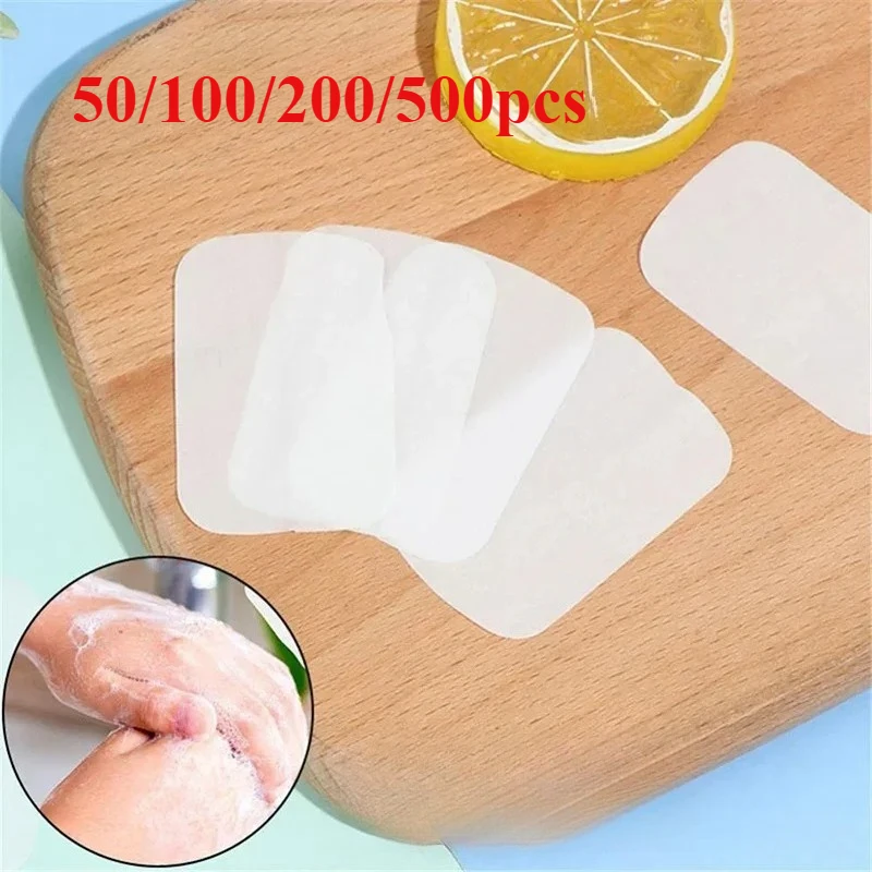 50/100/200/500 Uds. Hojas de rebanadas para lavado de manos de baño portátiles, jabón espumoso perfumado para viajes al aire libre, tabletas de jabón limpio para baño de papel