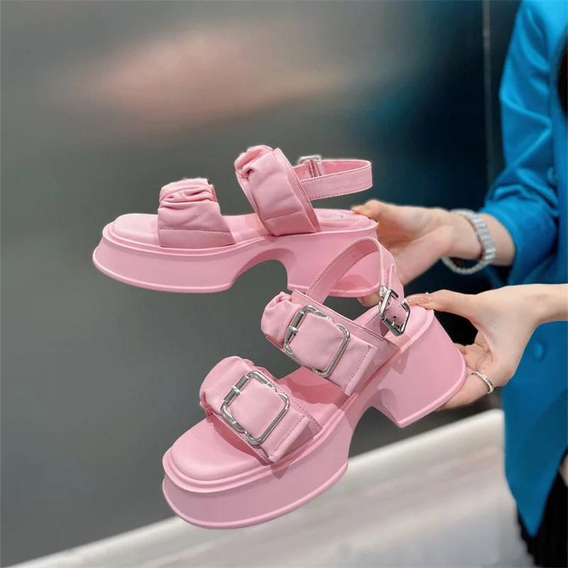 

2023 Summer Fashion Design Women Shoes Thick High Heel Open Toe Strappy Sandals Buckle Strap Sweet Pumps Shallow Zapatos Mujer