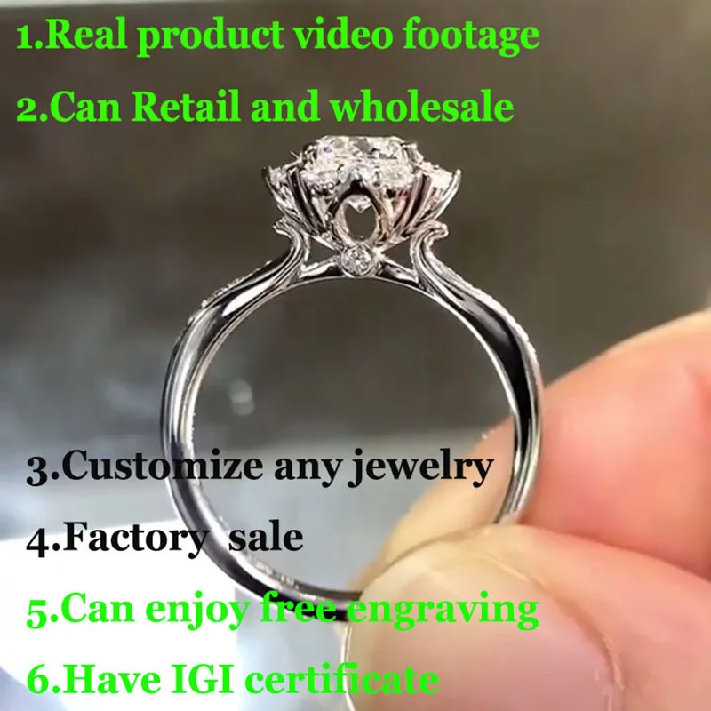 Real product video Lab Growing Diamond Ring Round D Color 1 2 3Ct Solid 14K White Gold Ring wedding ring factory made
