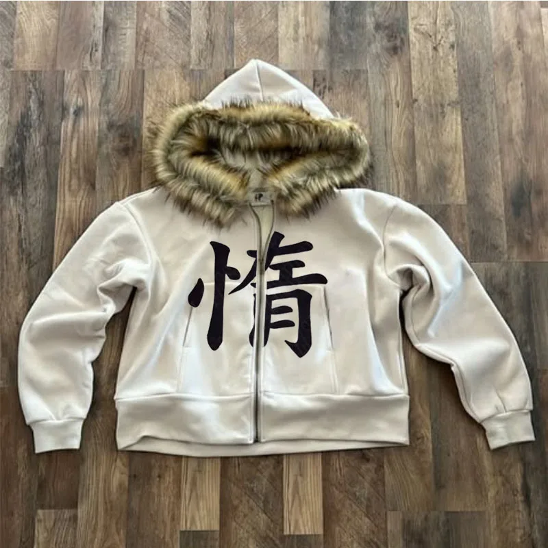 Chaqueta decorativa de estilo europeo y americano con borde de felpa con estampado de texto, chaqueta informal de calle Harajuku KPOP