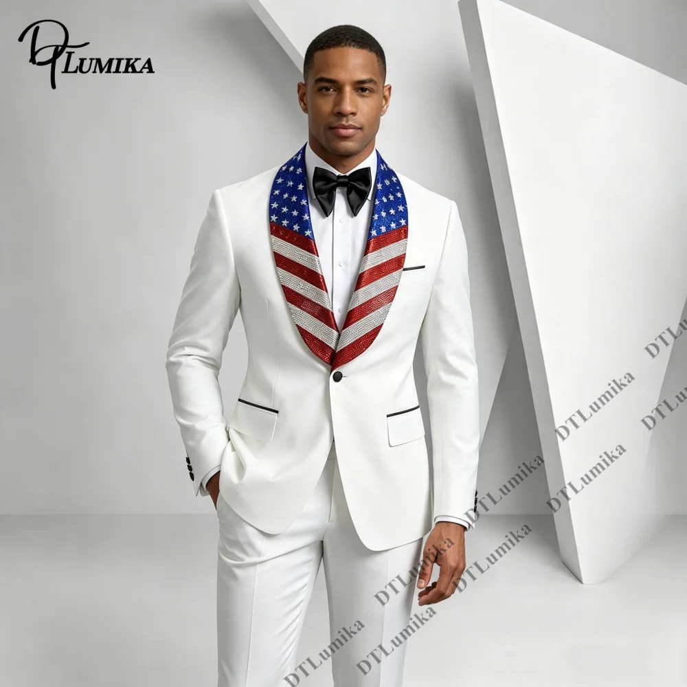 Men Tuxedo American Flag Rhinestone Shawl Lapel Slim Fit Formal Two Piece Suit Blazer Pants Premium Made to Measure Events Suits