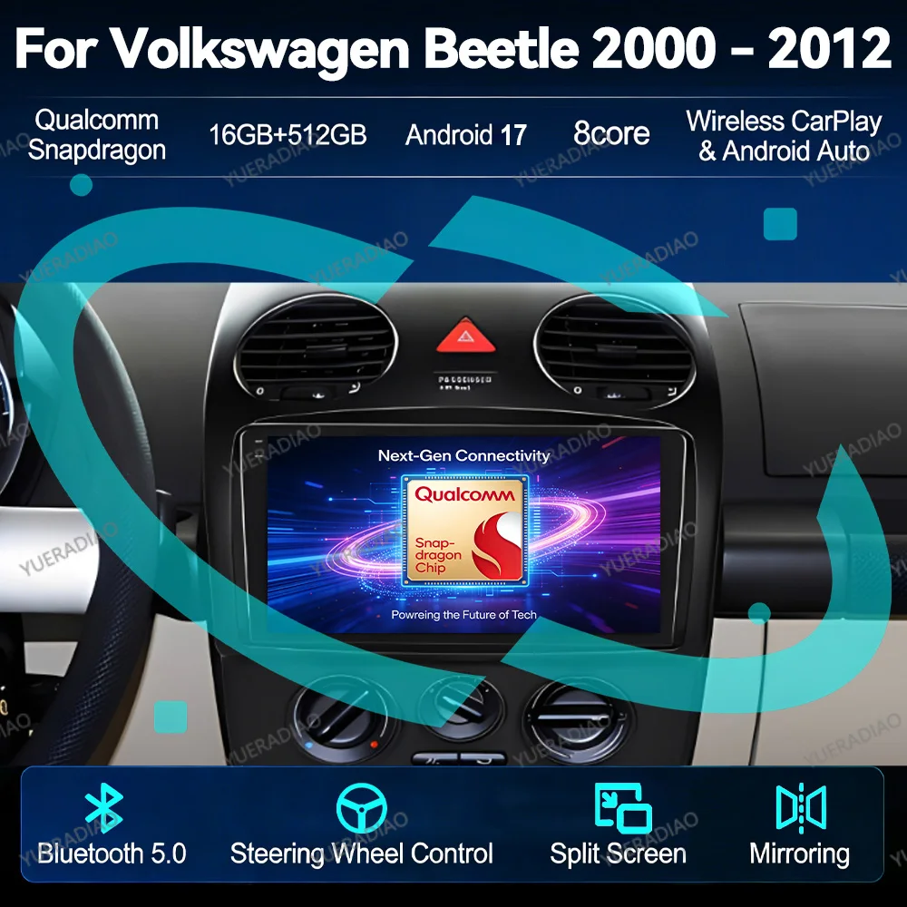 Android 17 Car Radio For VW Volkswagen Beetle 2000 - 2012 Qualcomm Multimedia Video Player Head Unit BT QLED 4G LTE 5G WIFI 2DIN