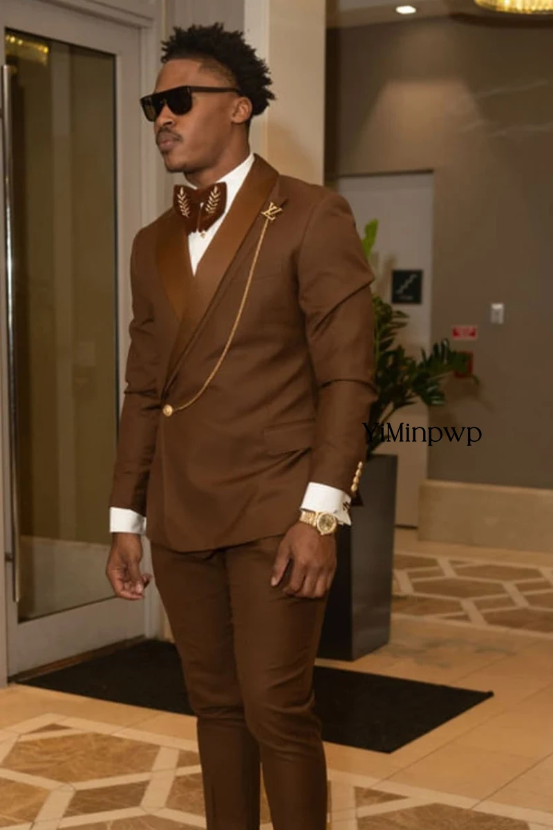 YiMinpwp Afrykański Brązowy Męski Garnitur Slim Fit 2-częściowy Formalny Satynowy Smoking Ślubny Strój Biznesowy Biurowy Garnitur Ślubny dla Pana Młodego XS-5XL