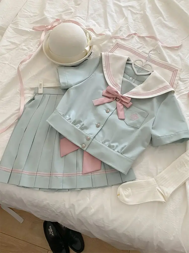 Conjunto de 2 piezas de estilo universitario para mujer, Tops con cuello azul marino + Falda plisada lisa, traje de verano ajustado a la moda japonesa nueva