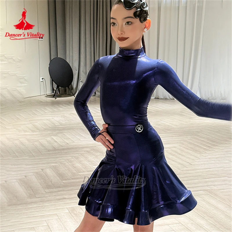 Adolescente dança latina prescrição competição manga longa gancho dedos tecido brilhante terno chacha treinamento vestir vitalidade do dançarino