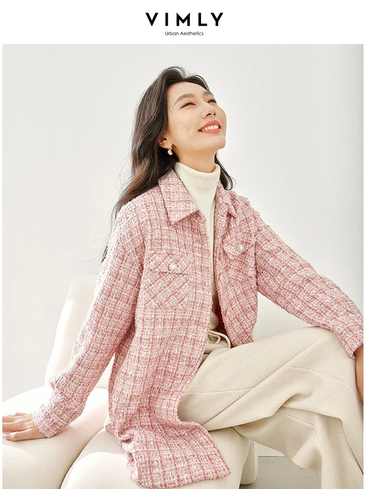 Vimly Winter Pink Tweed Quilted Jackets Women 2023 Straight Thick Single Breasted Long Sleeve Overshirts Female Clothing M3599