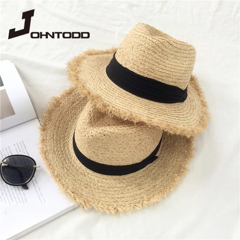 Natural Large Wide Brim floppy hat Raffia jazz Straw Hat Women Summer Fringe Beach Cap hand Weave sun Hat wholesale  beach hat