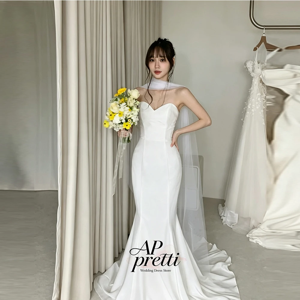 AP pretti Ivory Satin Korea Wedding Dress Photo Shoot Sweetheart Mermaid Trumpet Customized Sleeveless Floor-Length Bridal Gown