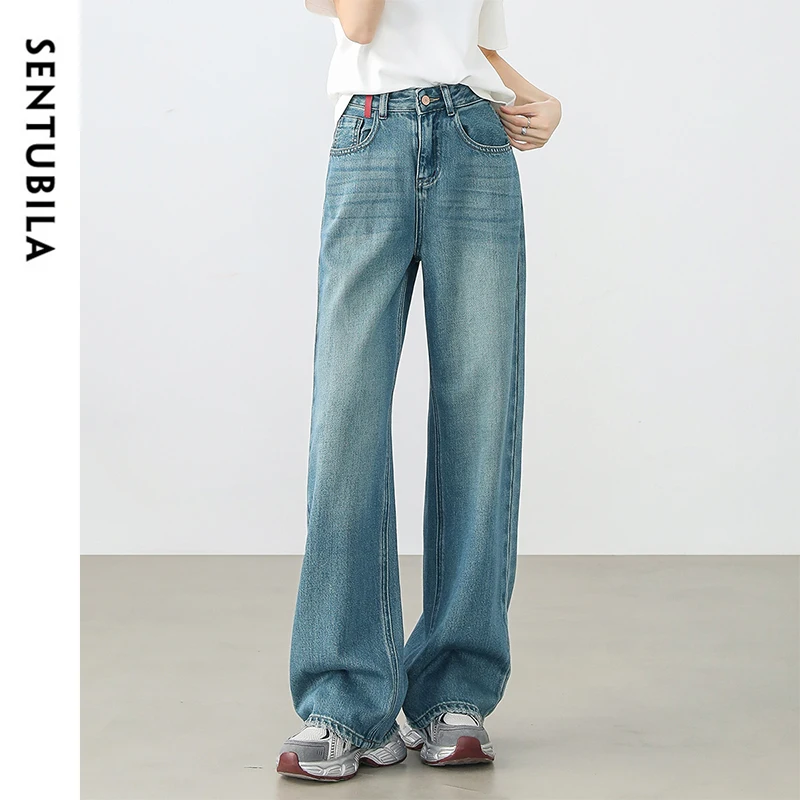 SENTUBILA Womens Cotton Jeans Pants 2025 Spring Fashion Straight Vintage Denim High-waist Full-length Pockets Trousers W51N58827