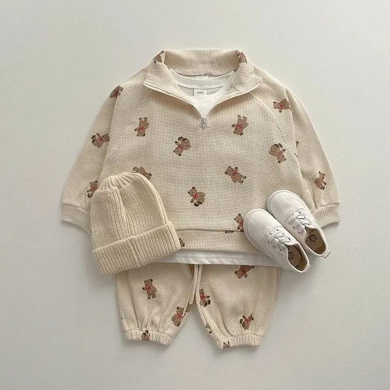 2023 Autumn New Baby Clothing Waffle Set Little Bear Pattern Print Newborn Boys and Girls Long Sleeve Pants Two Piece Casual Set