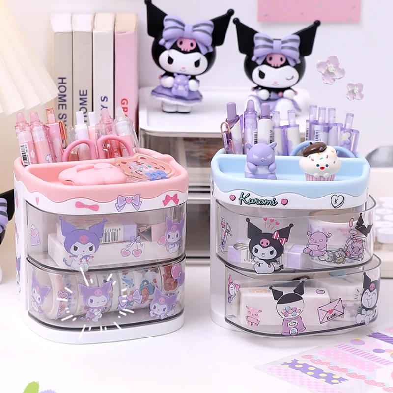 Miniso Sanrio Pen Holder Stand Storage Box Organizer Kuromi Cinnamoroll Melody Sticker Decor Stationary Cute Sanrio School Gift