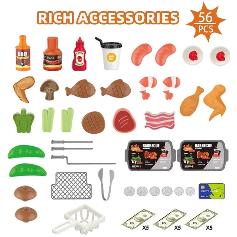 56 ชิ้นเด็กมินิบาร์บีคิวย่างชุดของเล่นแกล้งทําเป็นบาร์บีคิวครัวของเล่นตัดอาหารลงทะเบียนเงินสดและอุปกรณ์เสริมสําหรับเด็ก