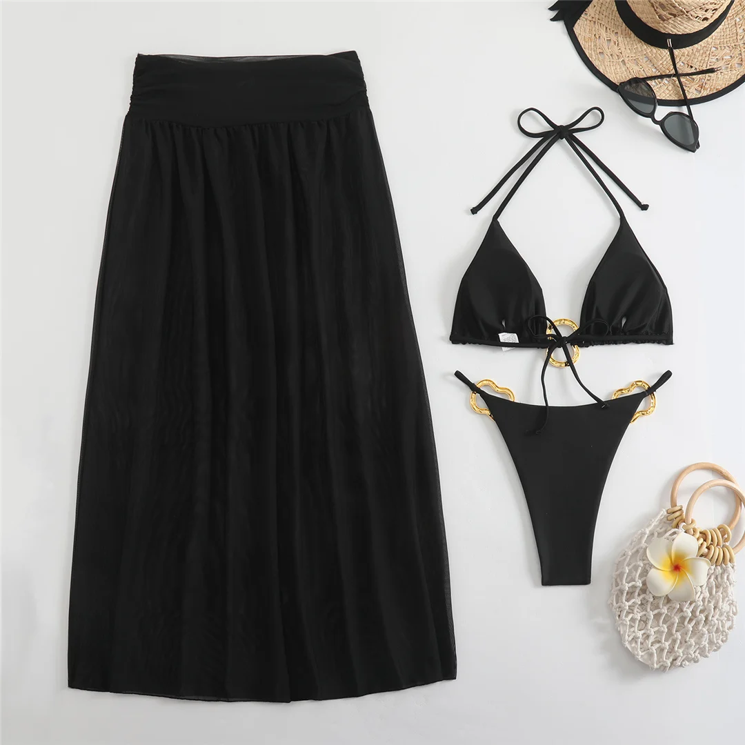 Mit Rock, Neckholder, Metallring, Bikini, Damen-Badebekleidung, Damen-Badeanzug, dreiteiliges Bikini-Set, gepolsterter Badeanzug, Badeanzug, Schwimmanzug V7068 – Detail 17