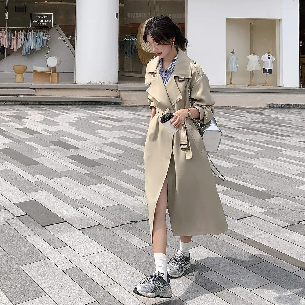 

SuperAen корейский стиль бежевый плащ на шнуровке на талии для женщин 2026 весна и осень новое пальто с отложным воротником