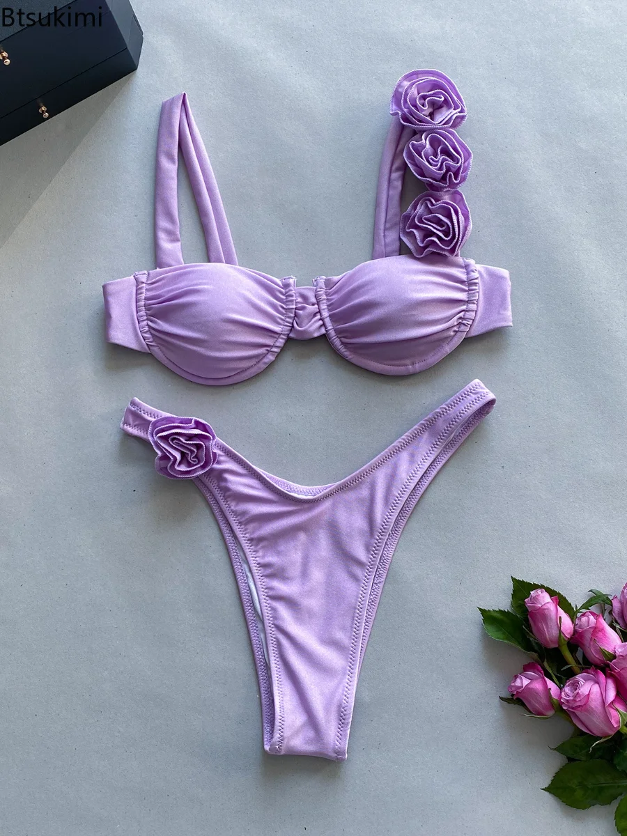 Estate di Colore Solido 3D Fiore Pieghettato Bikini A Fascia Set 2025 Costumi Da Bagno Sexy Delle Donne Costume Da Bagno Brasiliano Biquini Push Up Costume Da Bagno