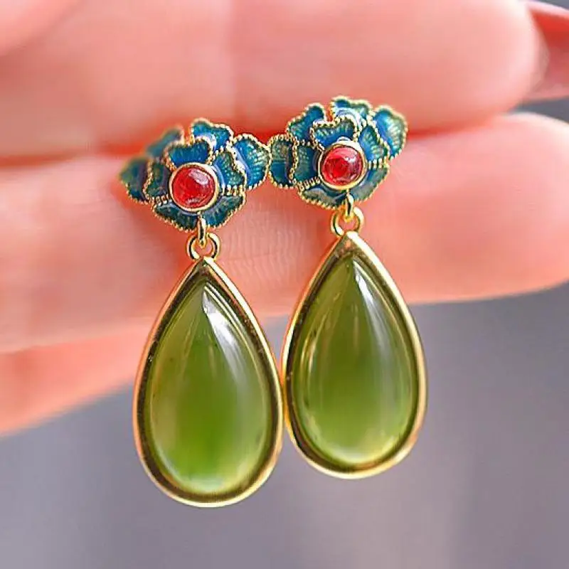 

Natural Nephrite Green Jade Earring Women Healing Gemstone Fine Jewelry Genuine Chinese Hetian Jade Water Drop Pendant Earrings