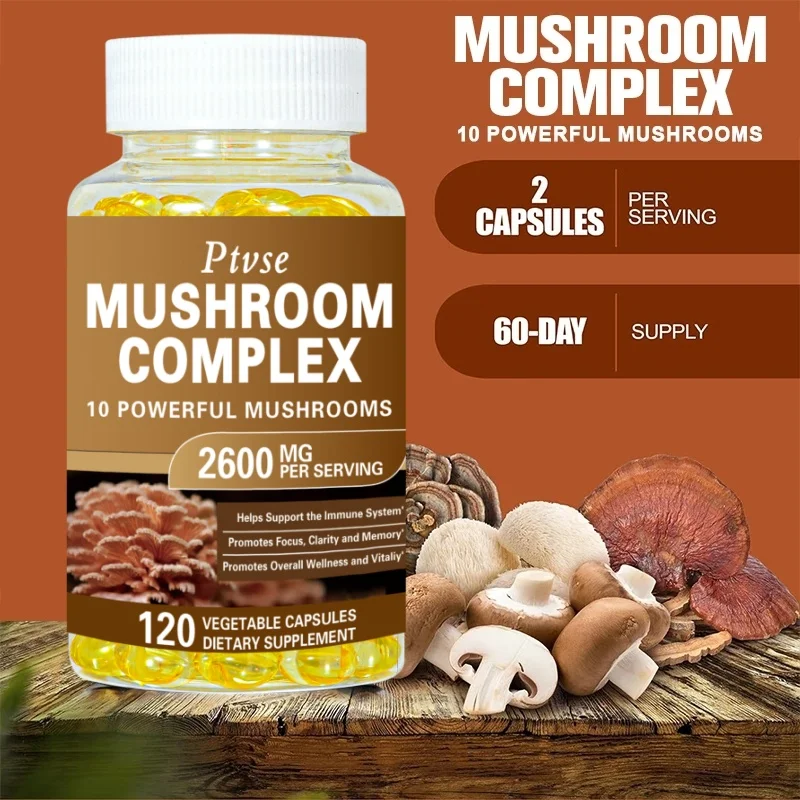 Ptvse Vegan Mushroom Complex Capsules with Lions Mane, Chaga, Reishi, Cordyceps For Men & Women Mood & Stress Dietary Supplement