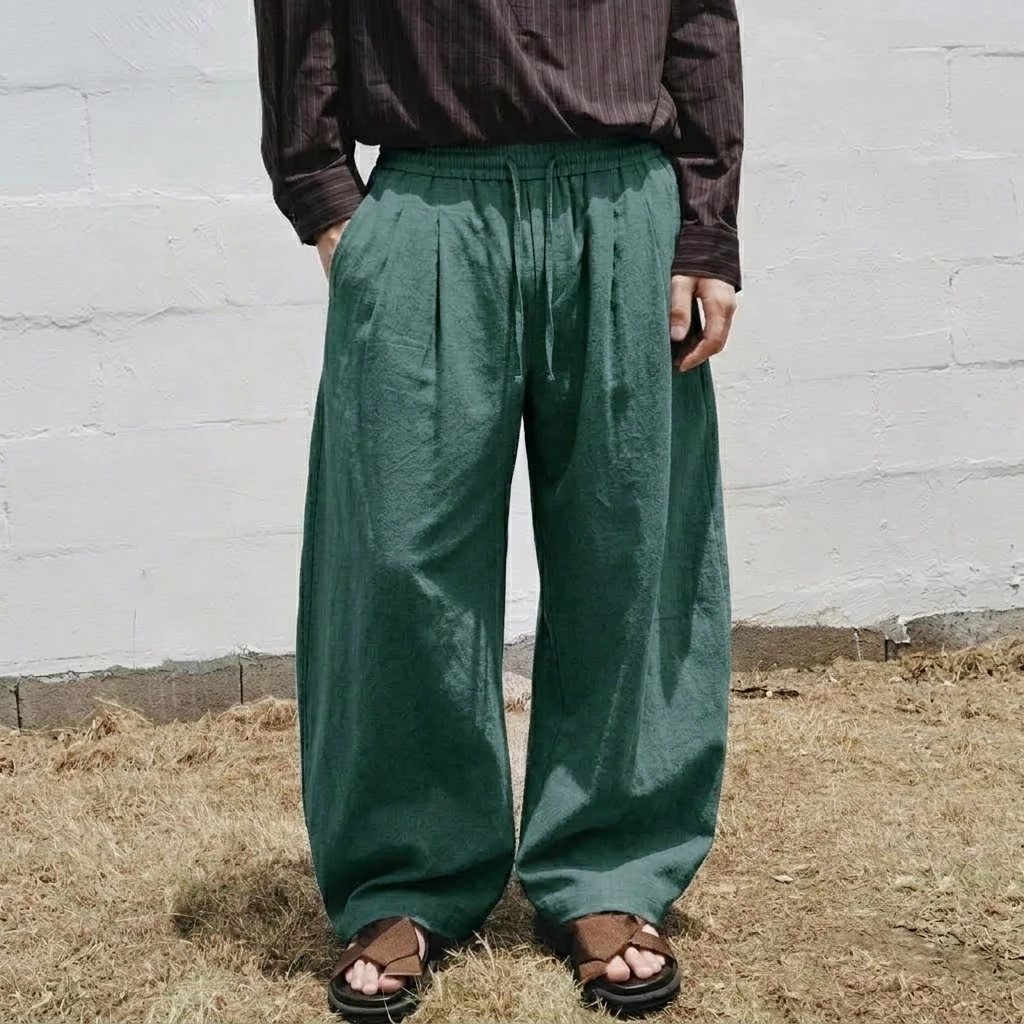 Neue Herren-Freizeithose aus Baumwolle mit weitem Bein, lockerer Passform, Kordelzug und elastischem Bund, atmungsaktive Baggy-Hose in Unifarbe, Streetwear – Detail 10