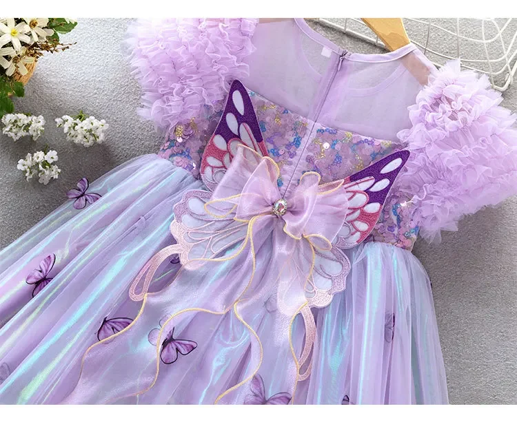 2024 Summer New Girls Butterfly Wings Sequin Splice Dress Children Performance Dress Baby Bubble Sleeve Princess Dress