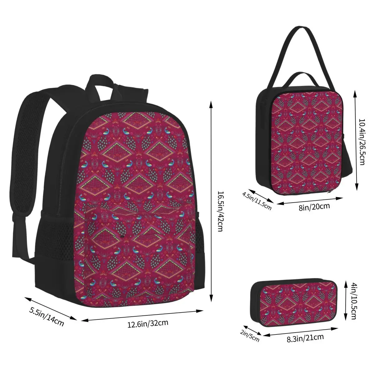 Mollymauk Tealeaf Inspired Print Backpacks Students Bookbag School Bags Children Rucksack Lunch Bag Pen Bag Three-Piece Set