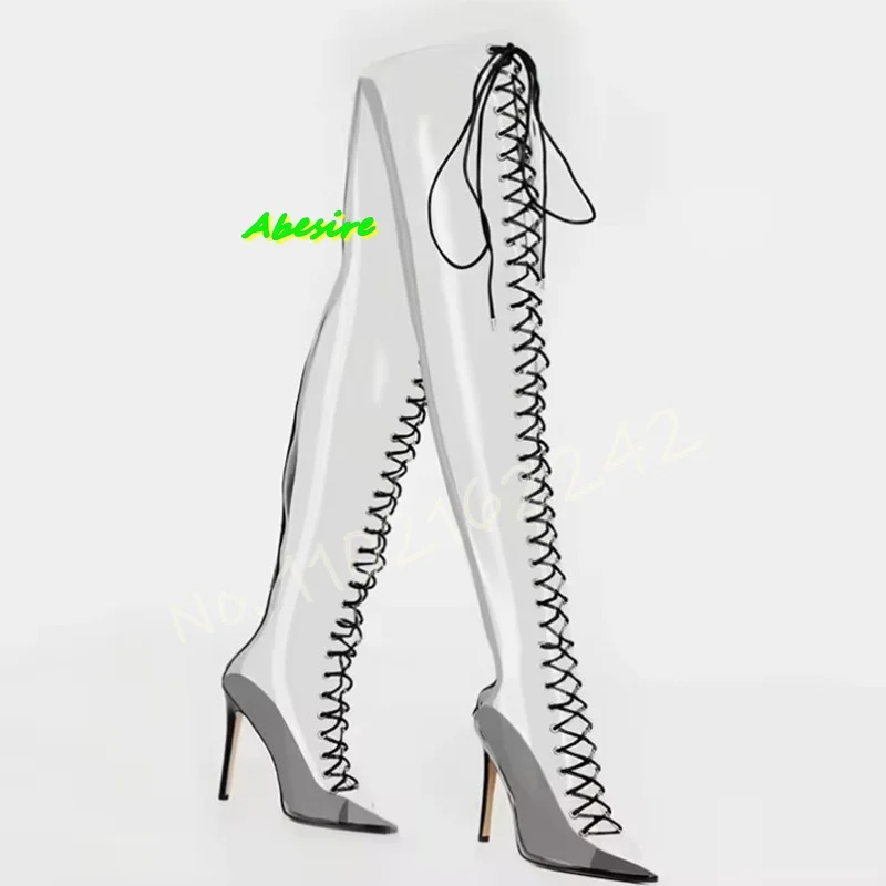 

Black Transparent Pvc Roman Sandals Pointed Toe Stiletto Cross Strap Zipper Boots Sexy Commuter Party Pole Dance Boots Women 43