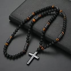 1 8mm bead matte black natural stone yellow tiger eye cross pendant necklace - Men's cool jewelry gift - Men - Daily wear