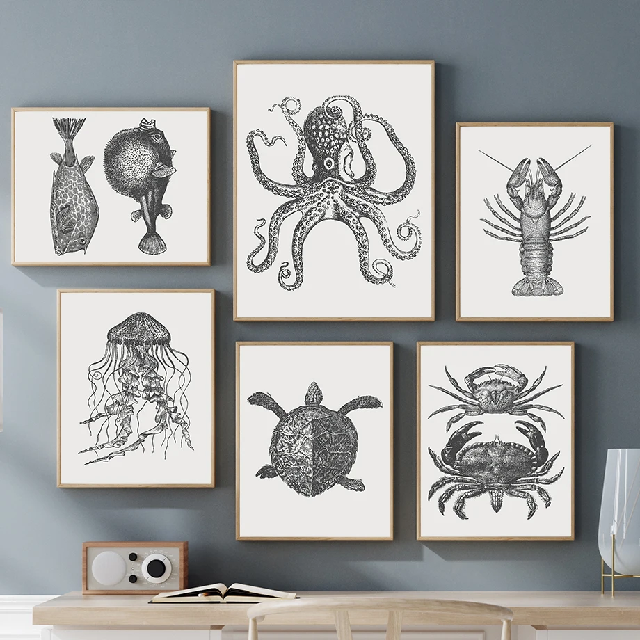 Marine Animals Wall Art Print Octopus Jellyfish Crab Lobster Sea Turtle Canvas Painting Nordic Poster Decor Pictures Living Room