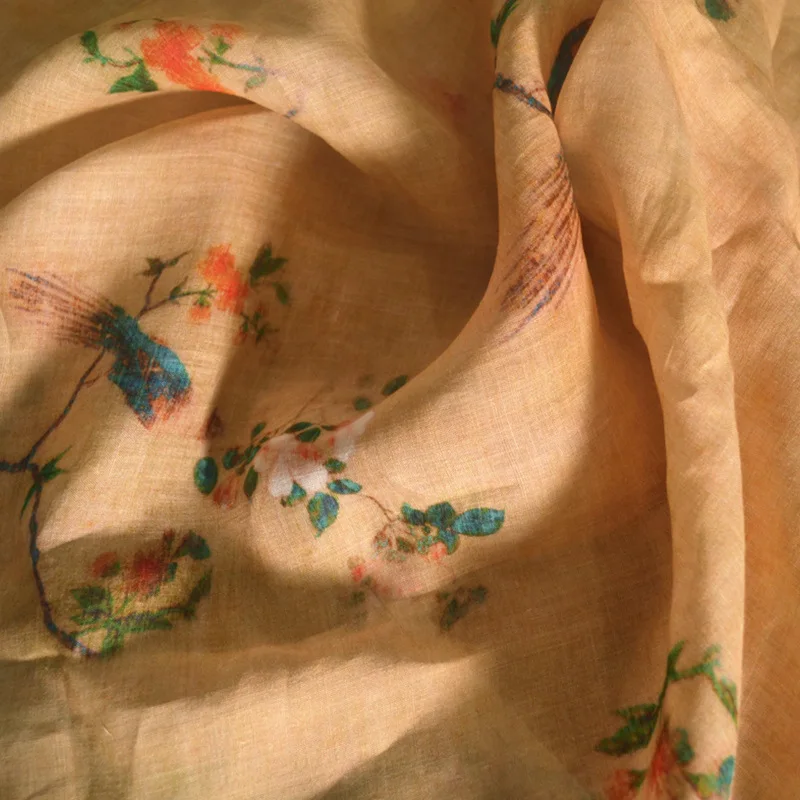 Puur linnen doek Lente en zomer Ramee-stof Plantvezeljurk Cheongsam-kleding Vogelafdrukken