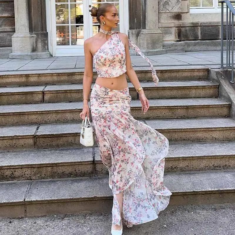 

2026 Summer Hot Selling Two-piece Set of Neck Tied Top and Floral High Waisted Slit Skirt for Women