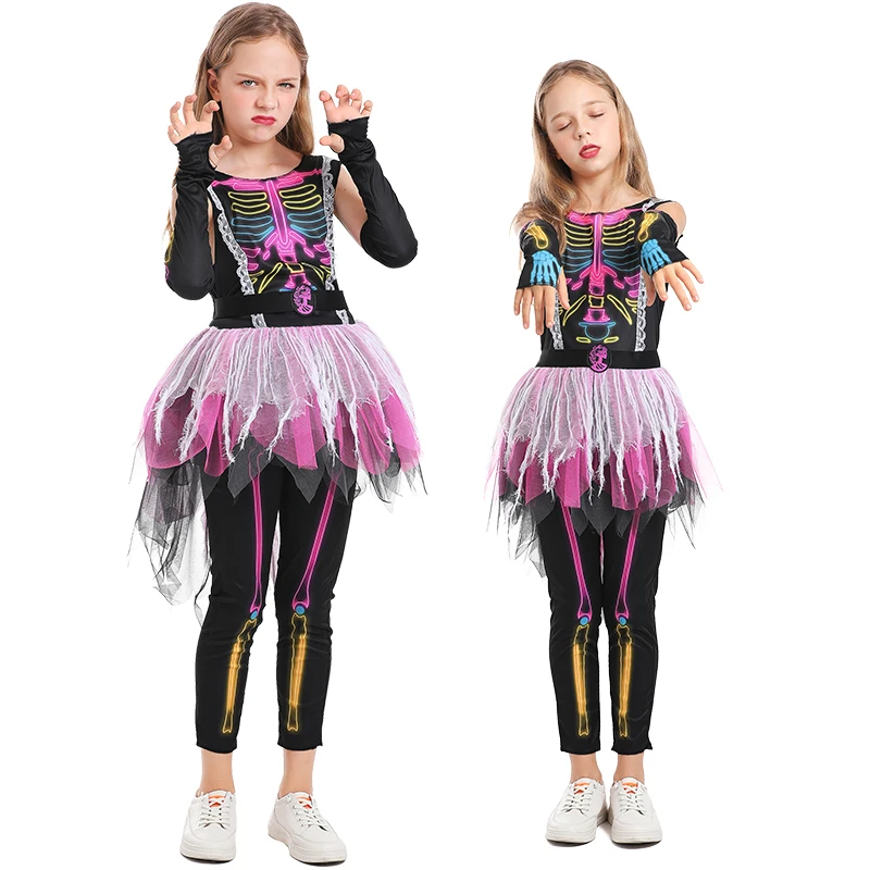 

New Halloween Children's Costume Cosplay Girl Terror Ghost Skeleton Set Masquerade Clothing Kids Party Outfit Stage Performance